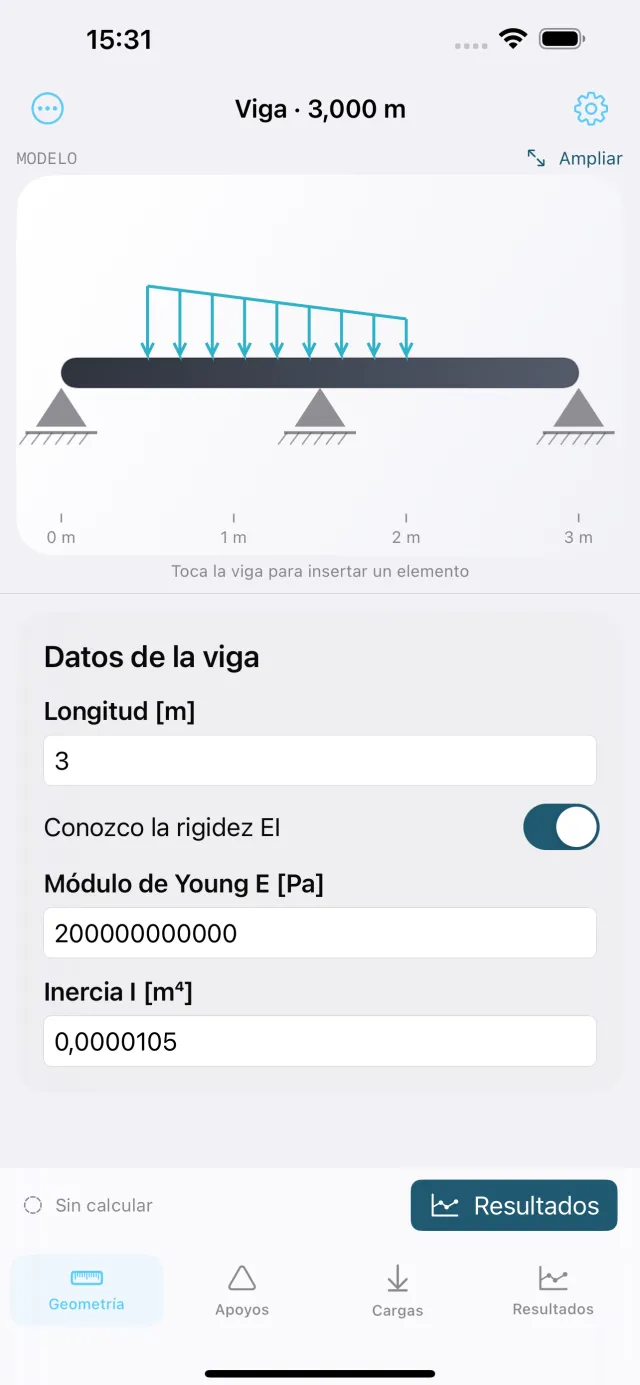 Pantalla de definición de una viga en VigasAPP